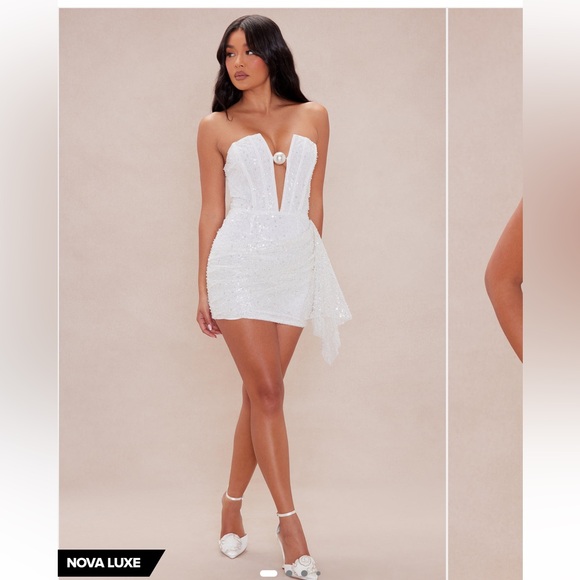 White Sequin Strapless Mini Skirt - Glam Party Mini - Picture 4 of 6